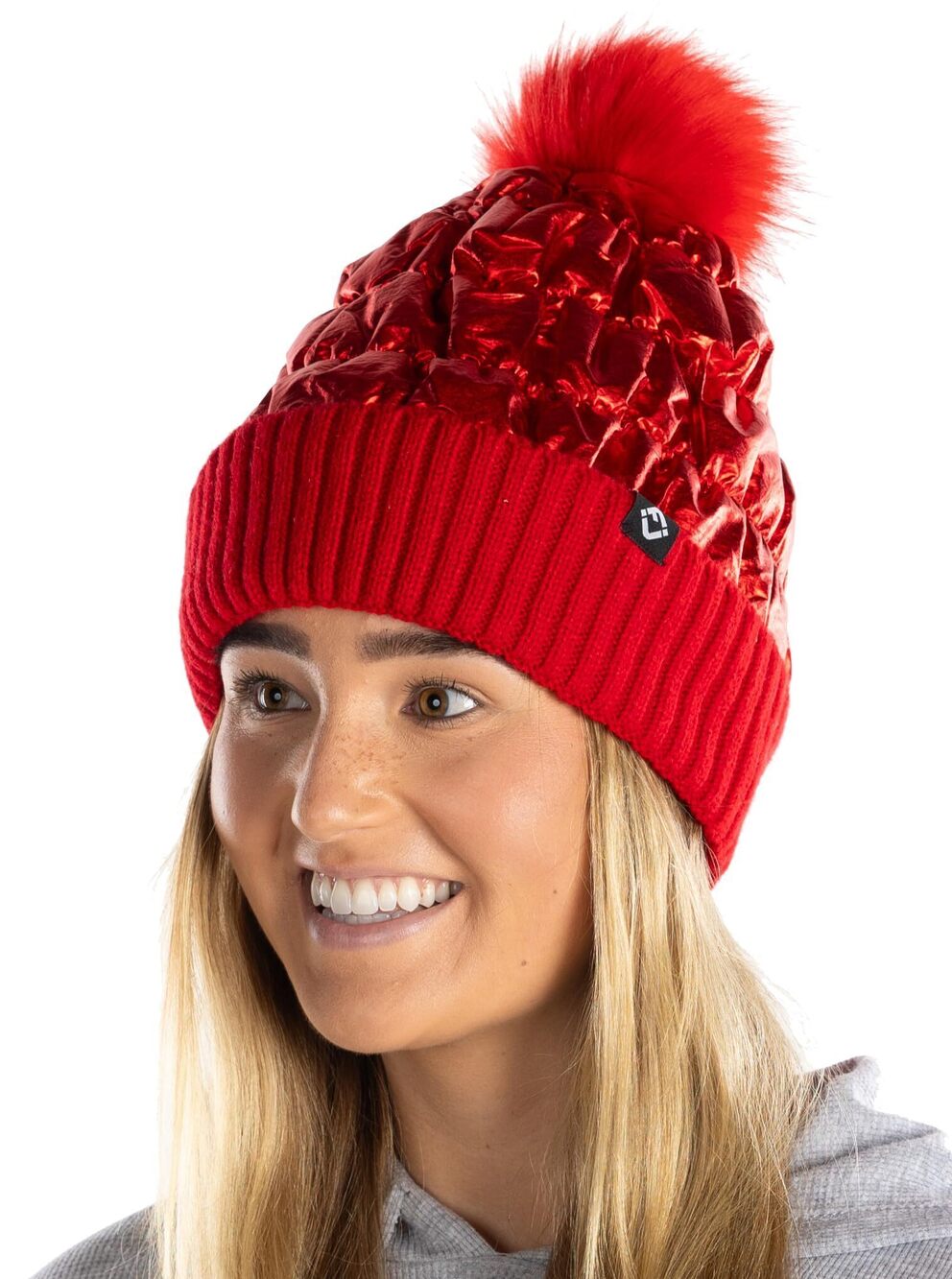 8501 Metallic Winter Puffer Beanie Hat Fleece Lined Faux Fur Pom Knit Cuff